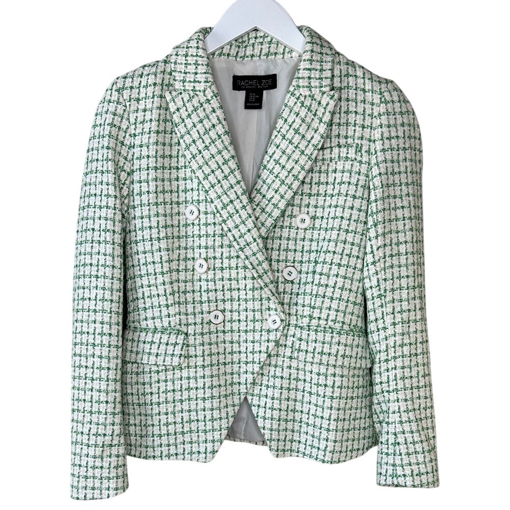Rachel Zoe Green White Tweed Notch Collar Double Breasted Blazer Jacket Size XS